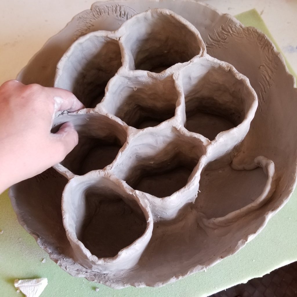 Honeycomb Vessel in progress. A ceramic sculpture by Jenny Hoople